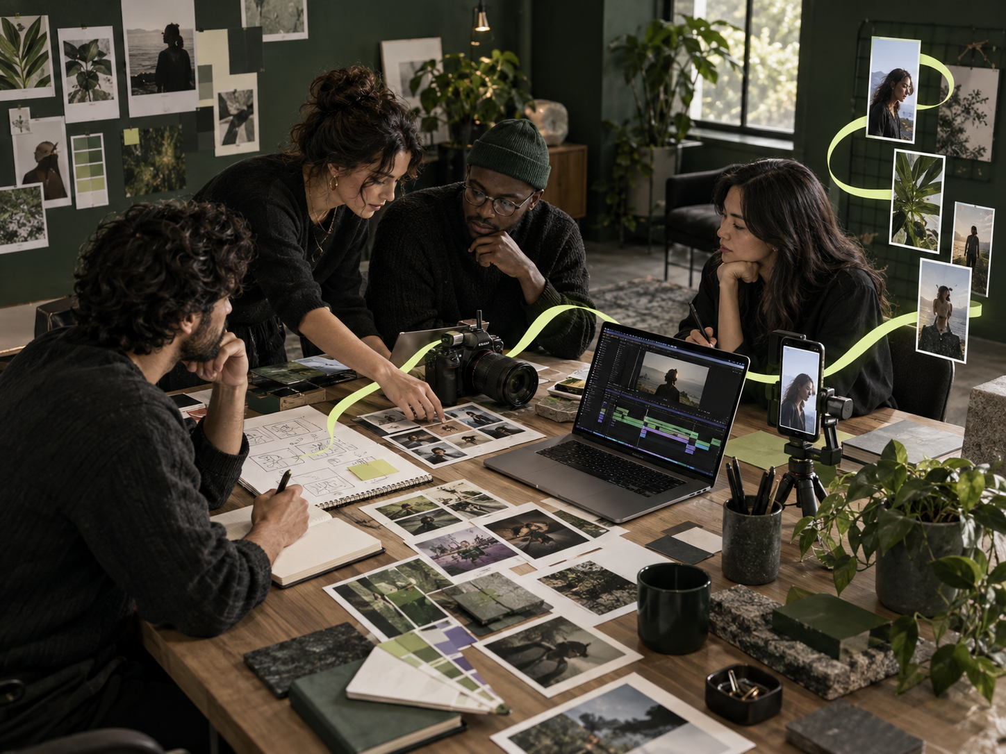 A collaborative team connecting content strategy, video production, editing and marketing through one integrated process.
