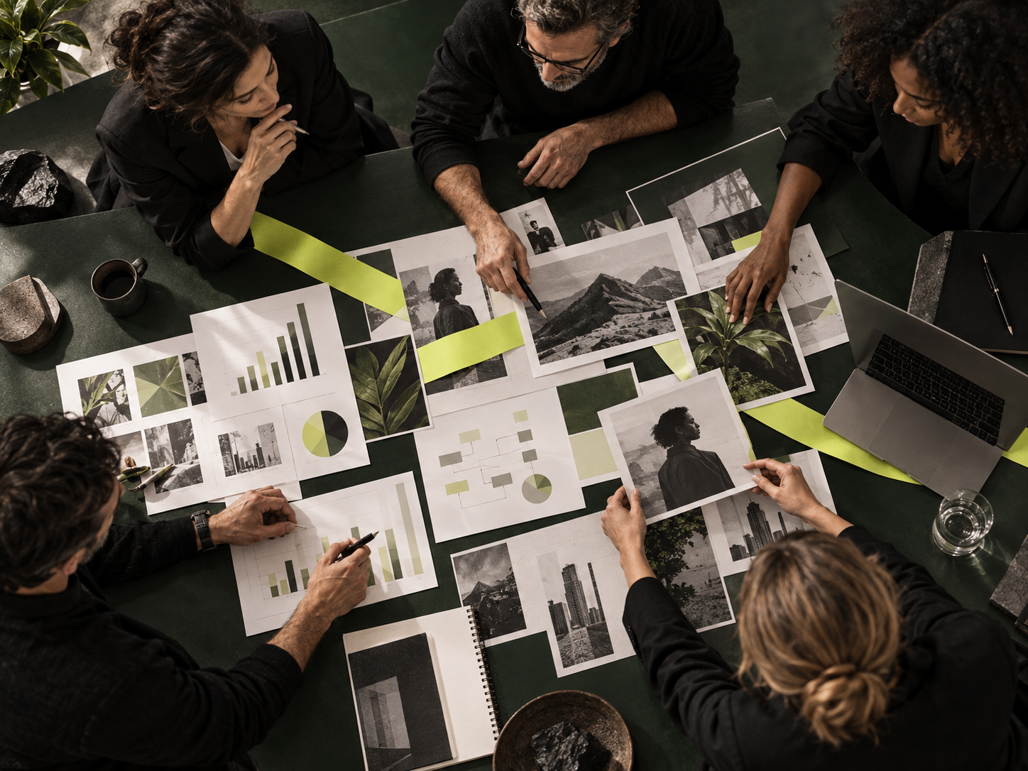 An integrated strategy team coordinating marketing materials around one table.